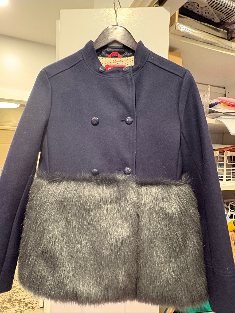 Navy girls ( size 14)Double-Breasted Coat with Faux Fur Panel
